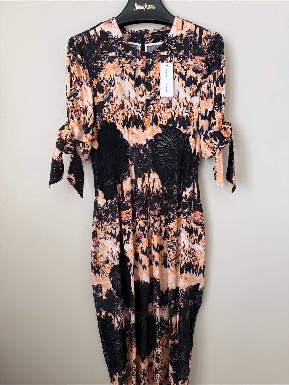 Proenza Schouler Peach, Cream & Black Abstract Tie-Sleeve Midi Dress